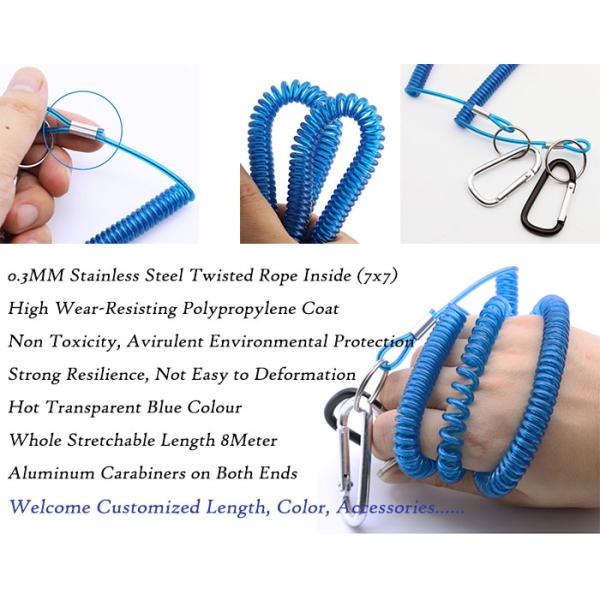 8 Meter Fishing Rod Lanyard Aluminum Carabiner Blue Flexible Fishing Safety Line Coiled Spring Rope