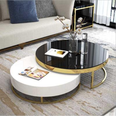 2 Pieces Round Drawer Metal Base Mable Top Coffee Table for Living Room