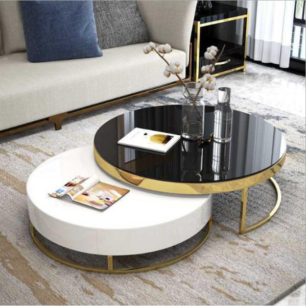 2 Pieces Round Drawer Metal Base Mable Top Coffee Table for Living Room