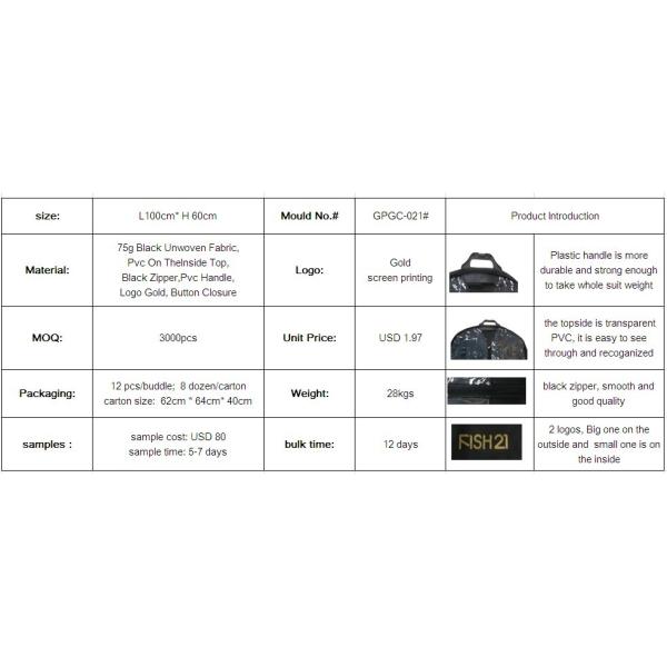 Fish21 75g Black Nonwoven Fabric Dress/ Suit Garment Bag With Black Zipper, Button Closure