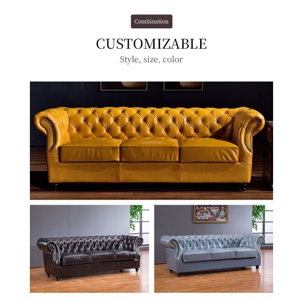 Nidea #8971 American Vintage Three-Seat Genuine Leather Sofa Set Comfortable Durable Cowhide Oil Wax Straight Buckle Hotel Villa