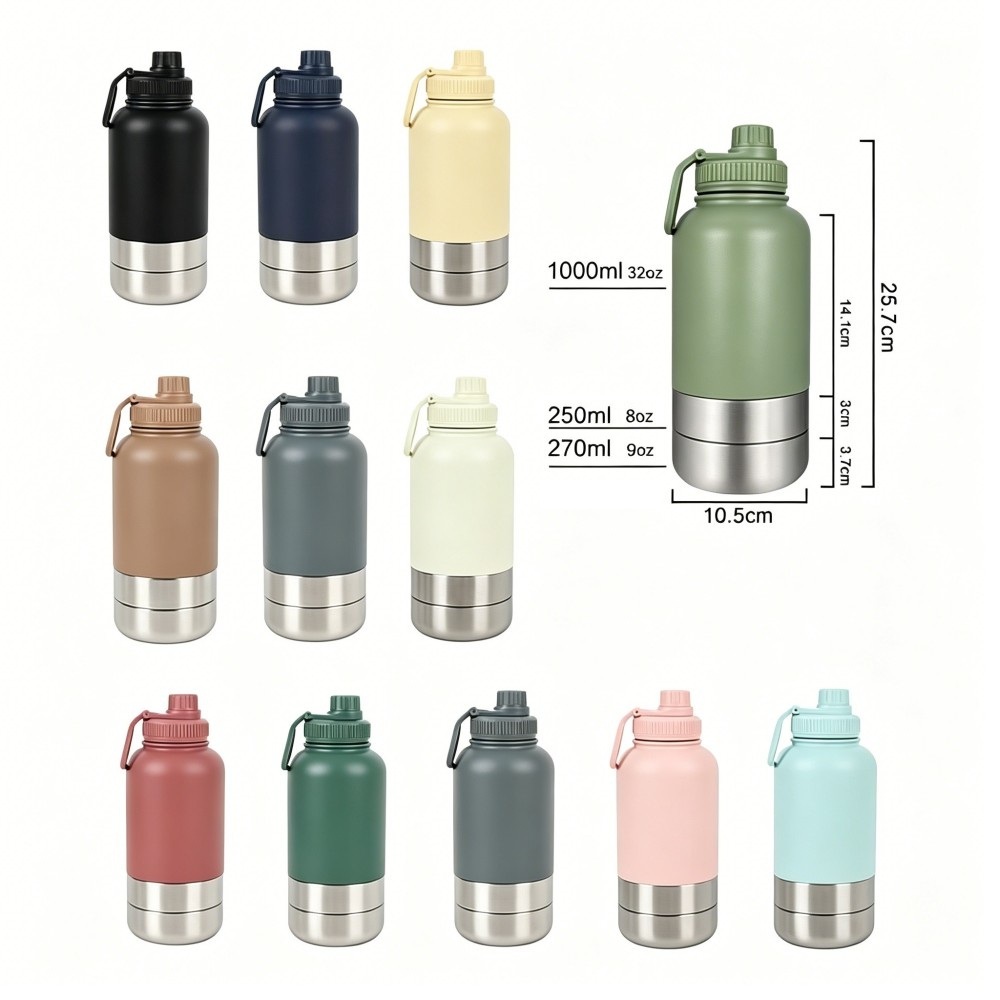 Portable 32 Oz Insulated Stainless Steel Dog Water Bottle For Outdoor Travel
