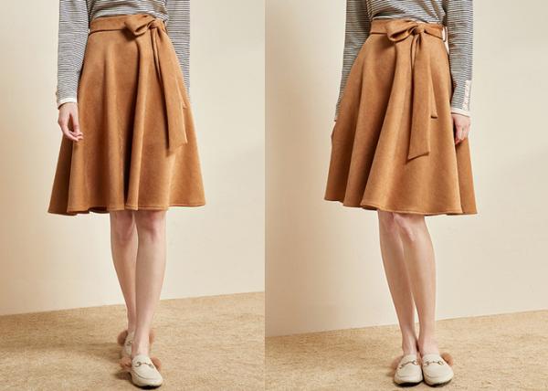 Camel Belted Knee Length Ladies Dress Skirt Suede Belted Bow Tie Whole Flare