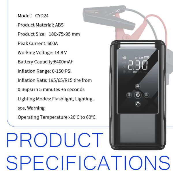 600A Peak Current Jump Starter with 150PSI Tire Inflator and 6400mAh Portable Power Bank