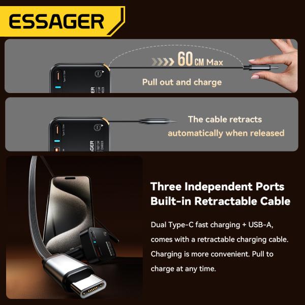 ESSAGER F760 USB-Cケーブル付きPD 65W Type C USB格納式車載充電器
