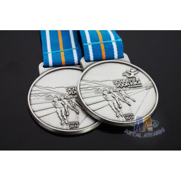 Sports Skiing Event 3D Effect Metal Award Medals With Antique Silver Plating Stripe Ribbon