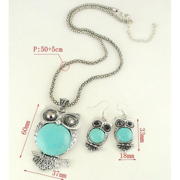 Big European and American vintage owl necklace long necklace of natural semi-precious turq