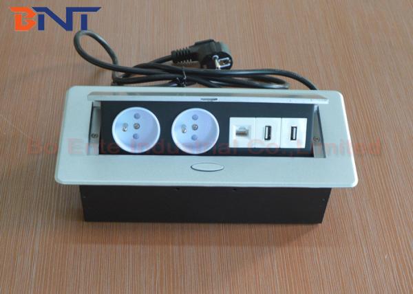Oval Zinc Alloy Silver Table Pop Up Outlets Box with 3 Meter European Plug