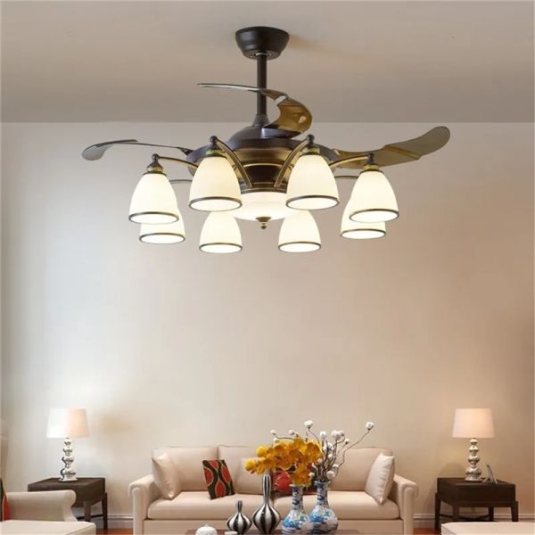 Retractable Blade Modern Folding Fan Light Remote Control Chandelier LED Invisible Ceiling Fan Crystal Light (WH-VLL-29)