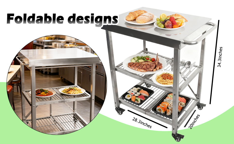 Foldable Stainless Steel Kitchen Cart With Wheels | Portable Kitchen Island, Microwave Stand & Storage Cart For Home, Restaurant & BBQ
