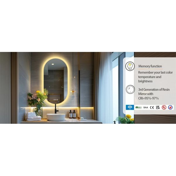 Dimmable 3 Colors Anti-Fog Light Memory IP65 CRI95 Large Wall Mounted Oval Mirror with lamp(WH-MR-102)