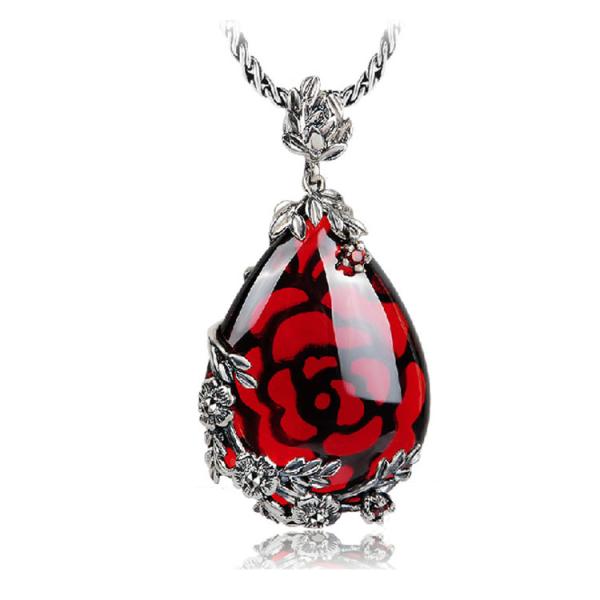 Vintage Jewelry 925 Silver Marcasite Drop Created Garnet Pendant Necklace 18 Inches(LN001RED)