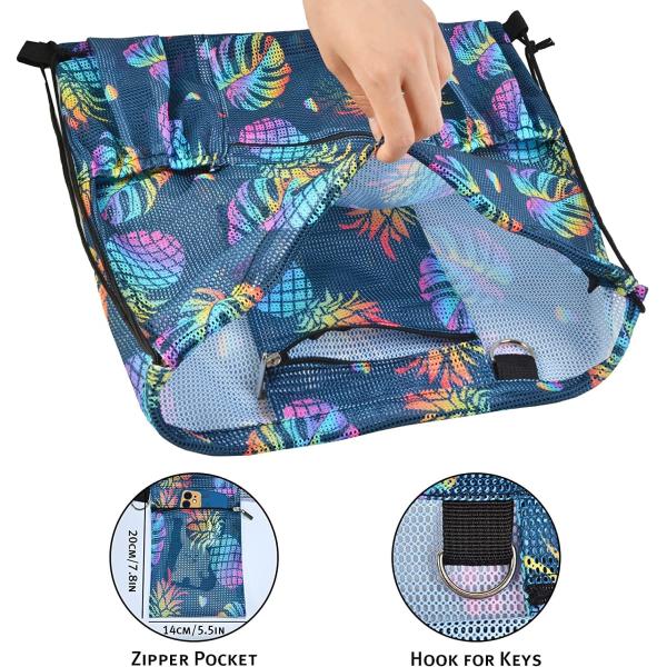 Mesh Drawstring Bag with Zipper Pocket, Beach Bag for Swimming Gear Backpack Gym Storage Bag for Adult Kids