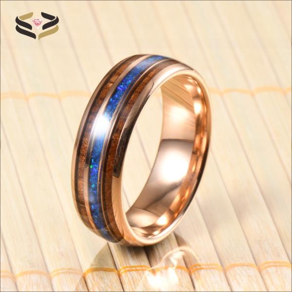 8mm Tungsten Carbide Men Wedding Ring With Hawaiian Koa Wood And Blue Opal Inlay