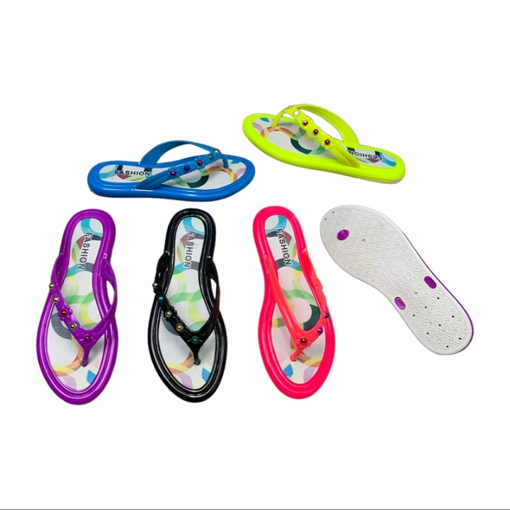 PVC Women Flip Flops With Jelly Color Strap, Colorful Rhinestones And Geometric Print Insole