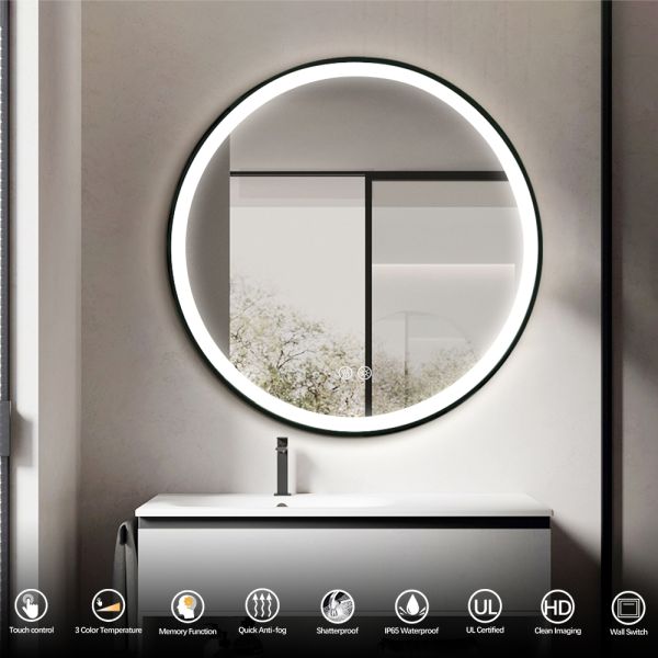 Minimalist Black Circular LED Framed Mirror Decorative Large Backlit Vanity Mirrors