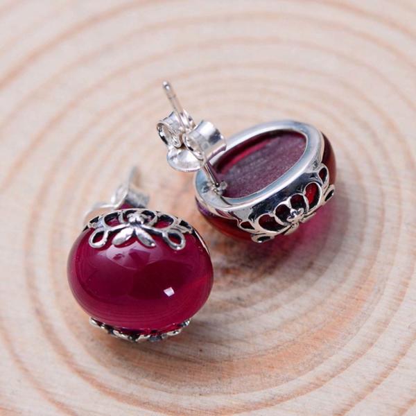 Sterling Silver Retro Style Oval Synthetic Ruby Stud Earrings (046690)