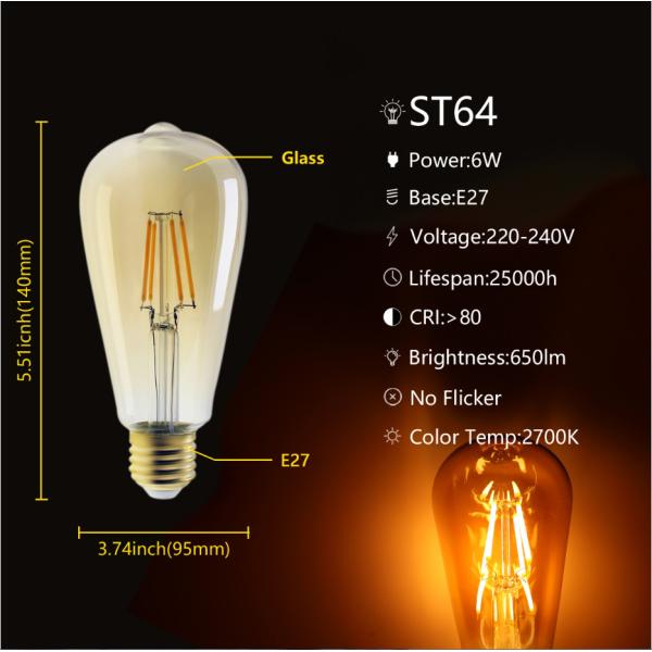 шарик СИД 2700k Edison шариков желтого света 540lm 6W ST64 винтажный крытый