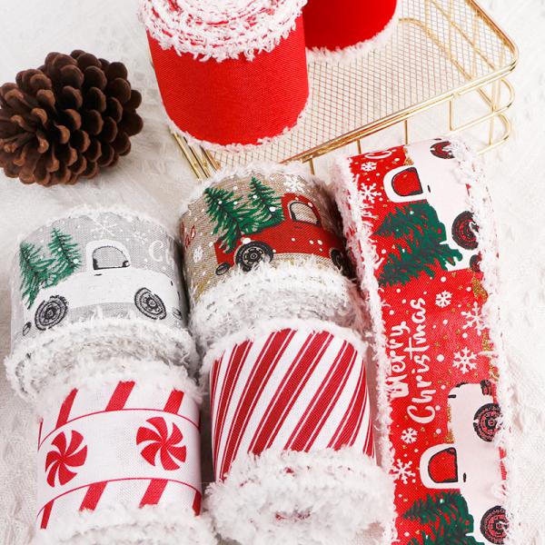 63MM MSD Christmas Wired Burlap Ribbon with Snow and Candy Print Create Festive Decor