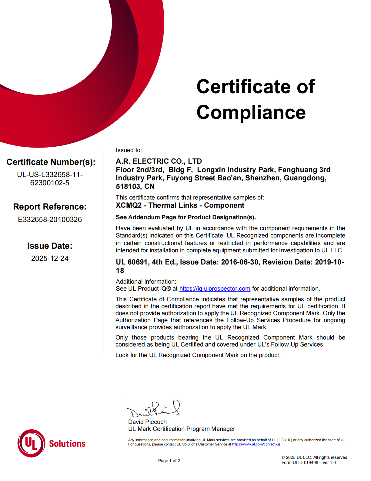 A.R. ELECTRIC CO.，LTD. Certifications