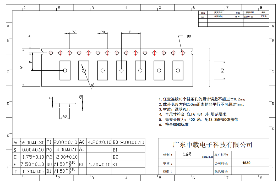 1530 IC Carrier Tape 16mm Width High Moisture Resistance With Rectangular Pocket