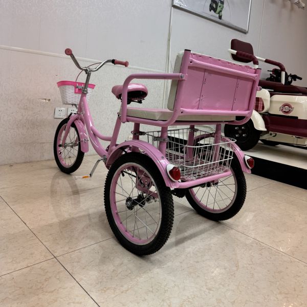 Triciclo infantil rosa de pedales de propulsión humana, triciclo de dos plazas para niños