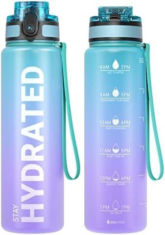 32oz Motivational Sports Water Bottle with Time Marker - Times to Drink - Tritan, BPA Free, Wide Mouth Leakproof,
