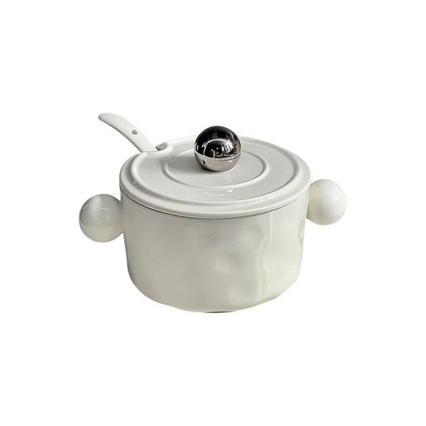 Stainless Steel Lid and Printed Features White Ceramic Noodle Bowl for Kitchen Storage
