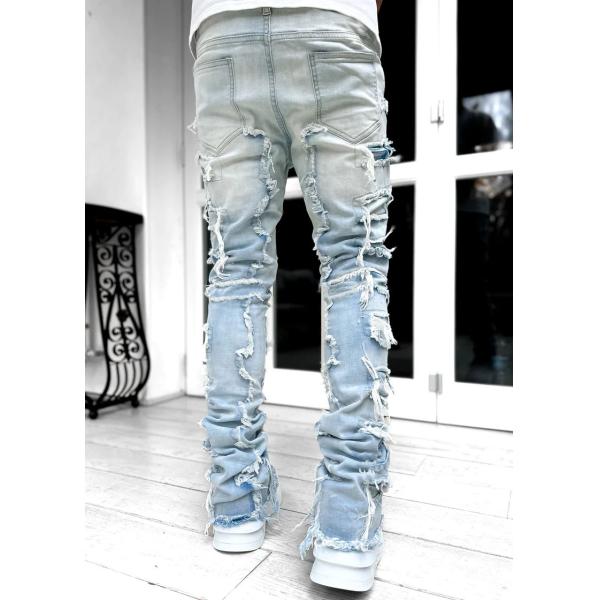 Street Style Men's Boot Cut Light Blue Damaged Tassel Applique Jeans Spandex/Cotton