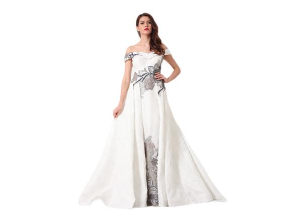 Embroidery Long V Neck Evening Dresses Short Sleeve A line Design