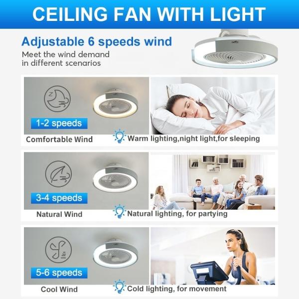 20 Ventilador de teto LED redondo com 360 graus de alto fluxo de ar e opções de temperatura de cor