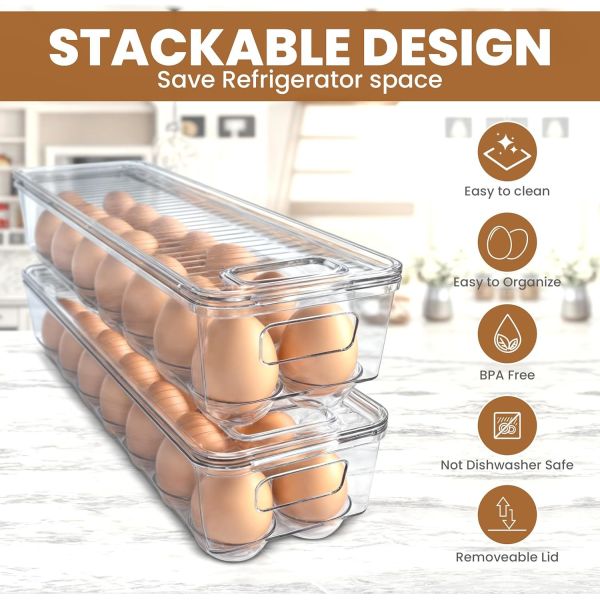 Home Egg Container With Lid And Handle For Refrigerator Organization- Pack Of 2 - Clear Stackable Egg Holder For Kitchen Or Pantry Organizers And Storage