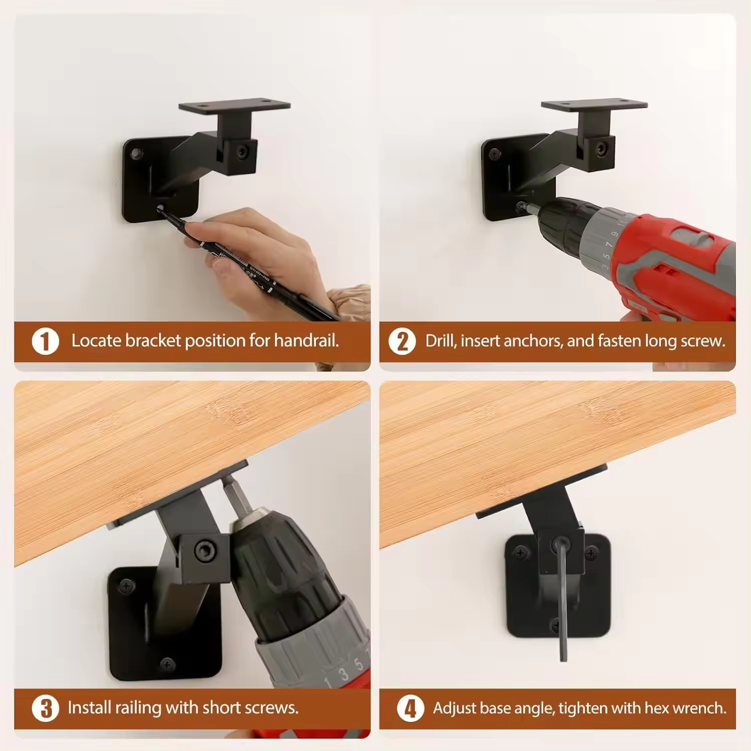 Adjustable Multi-Angles 304 Stainless Steel Matte Black Powder Coated Handrail Bracket for Wood to Metal Connections