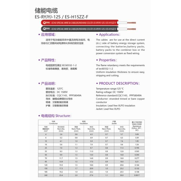 Factory Manufactured DC 1500V 125℃  Battery Cable for Electric Energy Storage System ES-RYJYJ-125, ES-H15ZZ-F