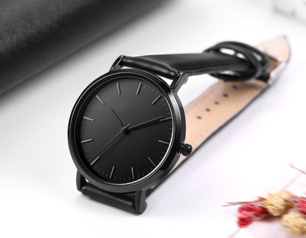 Fashionable Quartz Mens Black Leather Watch 3 ATM Waterproof Black Plated