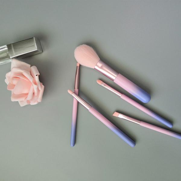 5PCS Pink Mini Travel Makeup Brush Set Synthetic Bristle Portable Wooden Handle