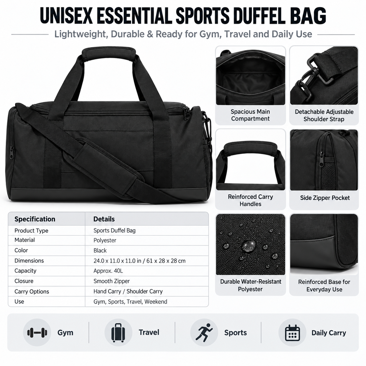 OEM ODM Classic Unisex Sports Duffel Bag, Black & White Gym Travel Bag with Adjustable Shoulder Strap for Fitness Centers, Training and Outdoor Activities