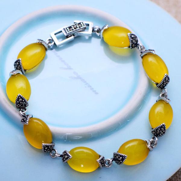 Thai 925 Vintage Sterling Silver Yellow Cubic Zircoina Tennis Bracelet (055728)