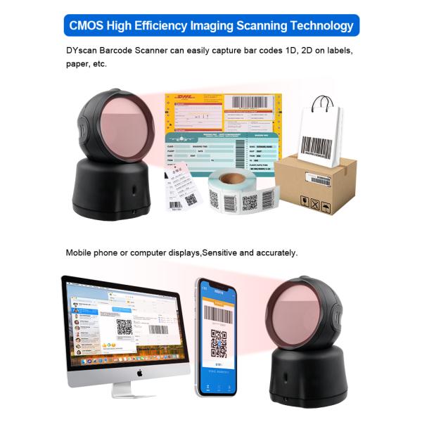 Leitor de códigos de barras 2D de alta velocidade sem mãos Escaneador de códigos de barras de escritório sem fio com base de carga
