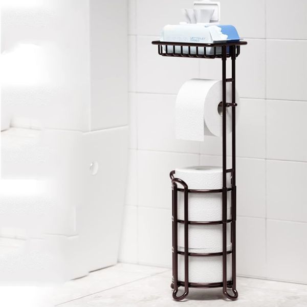 Bathroom Metal Toilet Paper Holder Stand  with Phone Shelf for Bathroom Storage Holds Reserve Mega Rolls Tissue Organizer Holder