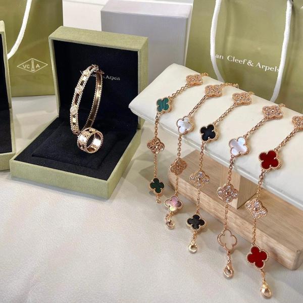 18k Solid Gold Bracelet Natural Diamond Replica Jewelry VAN Four Leaf Clover