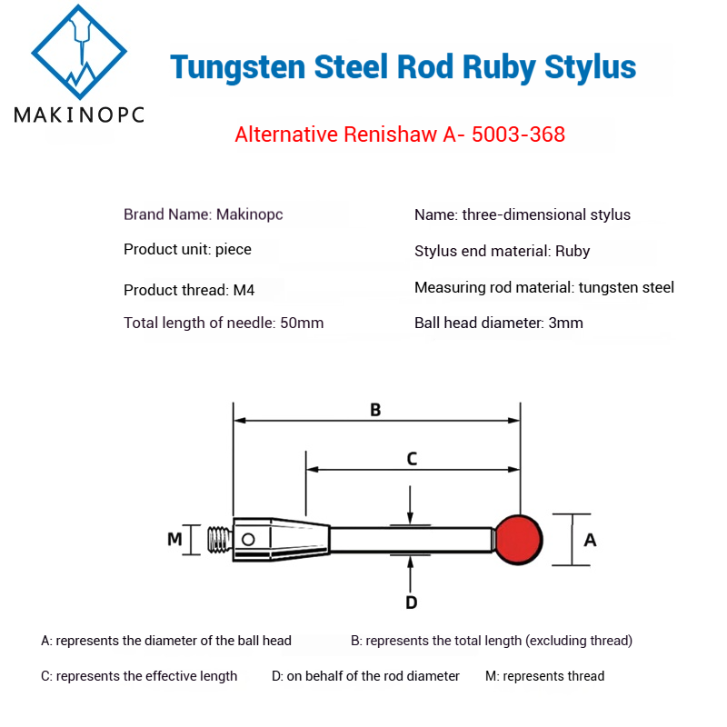 Renishaw Probe A-5003-3680 Steel Stylus 3mm Ruby Ball 50mm Length Tungsten Styli Replacement for CNC Lathe Machine 3 Months