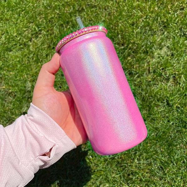 16 oz Glitter Iridescent Glass Water Tumbler botella de vidrio de beber con tapa de bambú para el café helado jugo de cerveza soda