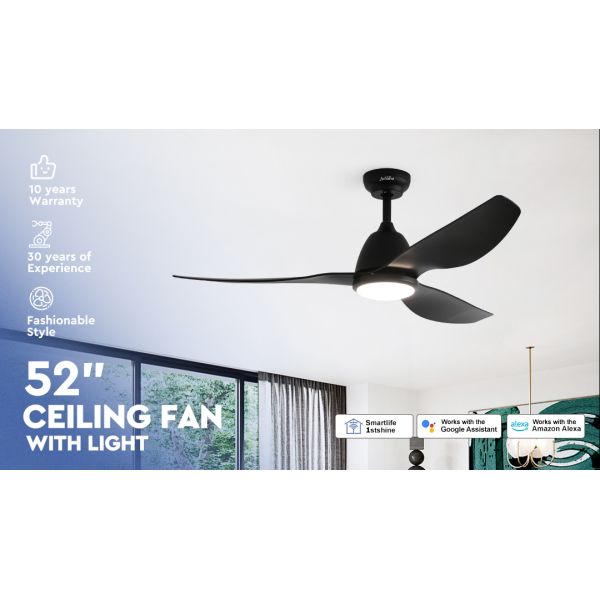 52 Inches Black Ceiling Fan with ABS Blades and Whisper-Quiet DC Motor LED Lighting
