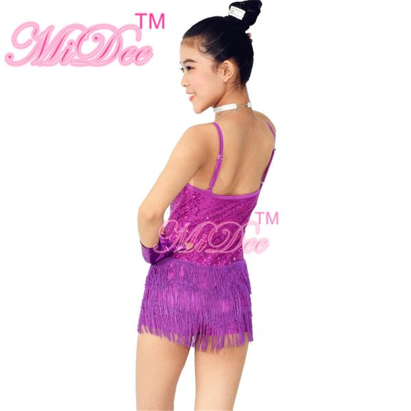 3 Layer Latin Dance Costumes Biketard V - Neck Bodice Flying Fringe Skirt Outfits