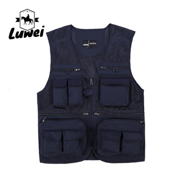 Custom Design Zip Black Utility Outdoor Workwear Journalist Multi-pocket Sleeveless Fishing Men Vest with Mesh