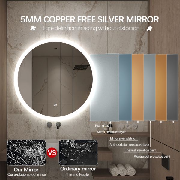 Waterproof Makeup Bathroom Mirror Explosion Proof Safety Tempered Glass Bathroom Mirror