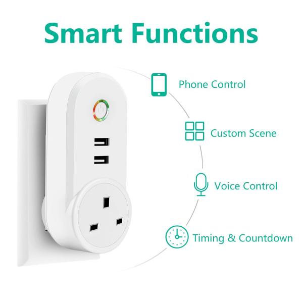Smart WiFi Power Plug Outlet Socket with 2PCS USB Port App Control Timer Function Compatible with Amazon Alexa Google