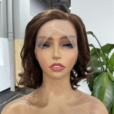 Castanho Transparente Full Lace Peruca Curto Cabelo humano ondulado em massa