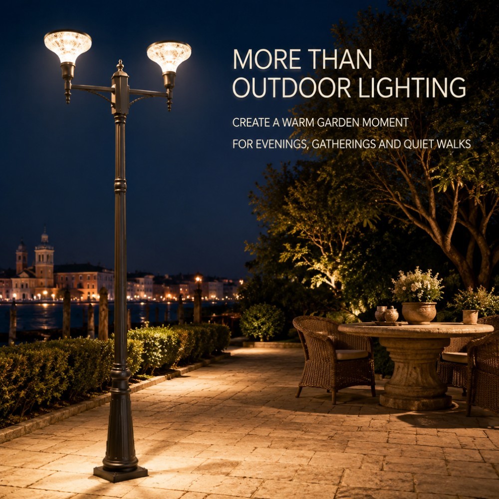 Dual Head Solar Promenade Light IP65 Decorative Pole Fixture For Waterfront Walkways